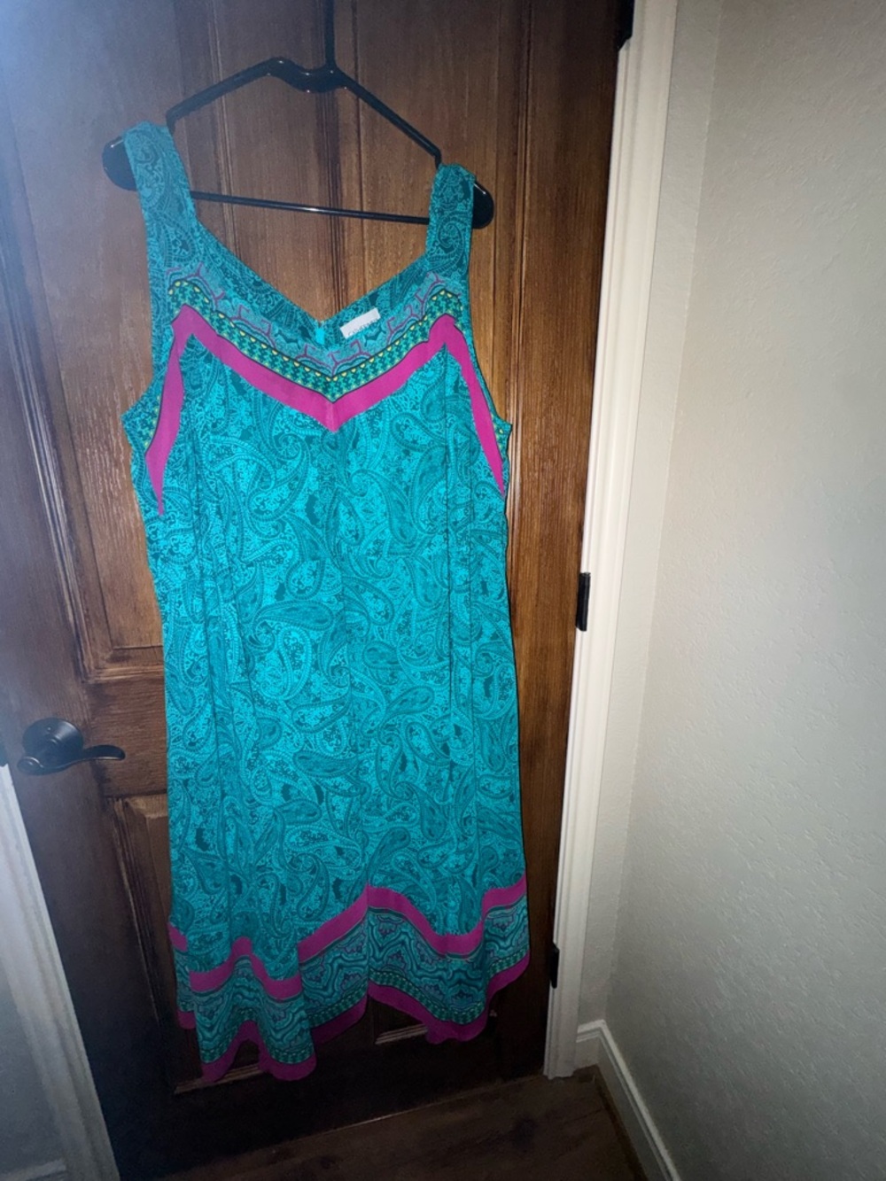 Catherines Teal Paisley V-Neck Sundress with Pink Detail